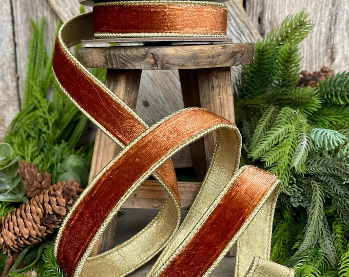 1” Bronze Wired Velvet Ribbon, 5 yards, Wired ribbon, Woodsy ribbon, Christmas ribbon, wired ribbon, designer ribbon, wreath supply