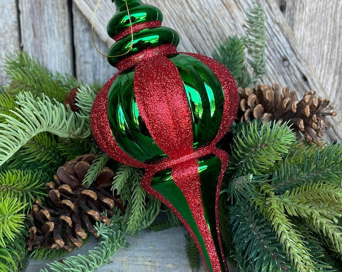 8" Red Green Finial, Red Green Ornament, Finial Ornament, Shatterproof Ornament, Striped Ornament, Christmas Ornament, 84910RDGN
