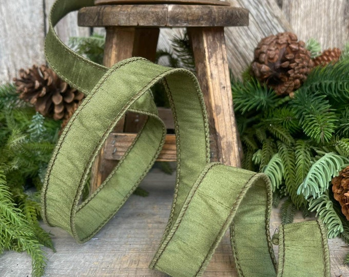 1" Dark Moss Green Ribbon, Wired RIbbon, Spring  RIbbon, Olive Green RIbbon, Green Ribbon, Christmas Tree Ribbon, Dupioni Ribbon