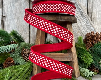 1" Red Mini Checkered Ribbon, Farrisilk Ribbon, Check Ribbon, Narrow Ribbon, Designer RIbbon, Wreath Supply, Ribbon for Bows, Red Ribbon