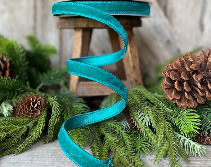 3/4" Teal Velvet Luster RIbbon, Farrisilk Ribbon, Velvet RIbbon, Wired RIbbon, Designer RIbbon, Velvet Ribbon, Christmas Velvet, Teal