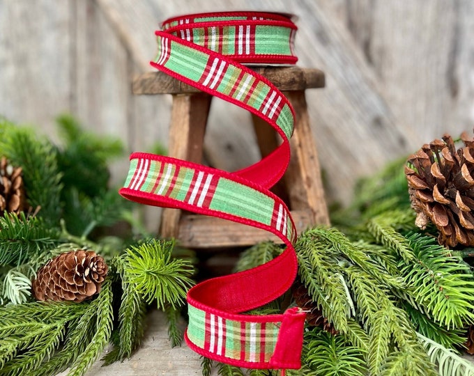 1" Christmas plaid ribbon, Farrisilk, Christmas ribbon, Red Green Plaid Check ribbon, wired ribbon, designer Christmas ribbon, Plaid Check