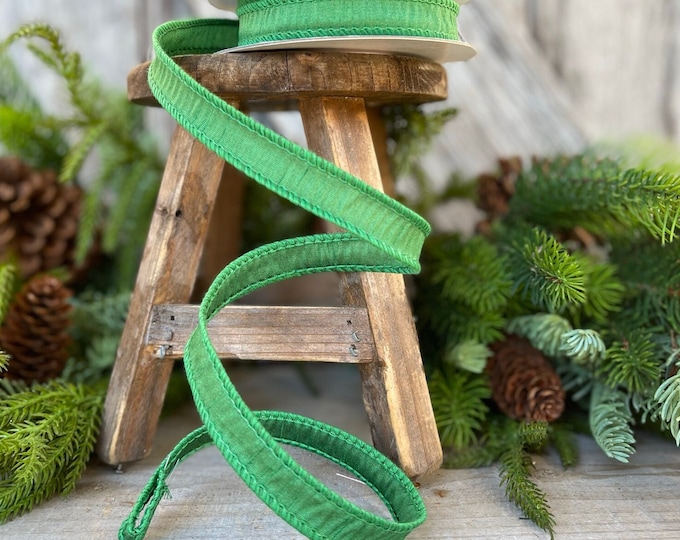 7/8" Emerald Green Dupioni Ribbon, Wired Ribbon, Narrow Ribbon, Skinny Ribbon, Ribbon for Bows, Green Ribbon, Dupioni Ribbon,Chistmas Ribbon