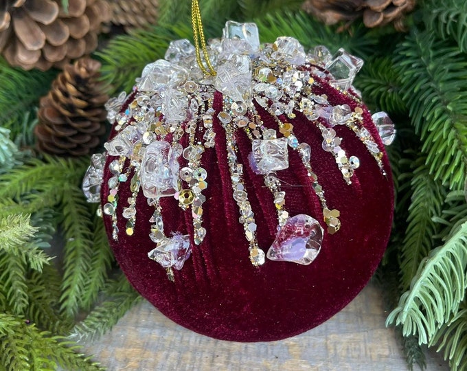 5" Burgundy Velvet Ornament, Burgundy Ornament, Jeweled Velvet Ornament, Christmas Tree Ornament, Elegant Ornament, Farrisilk, FW362-11