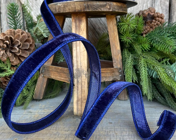 3/4" Navy Blue Velvet Ribbon, Velvet Ribbon, Farrisilk Wired Velvet Ribbon, wired,  Christmas Blue Velvet Ribbon, Nutcracker Blue Ribbon