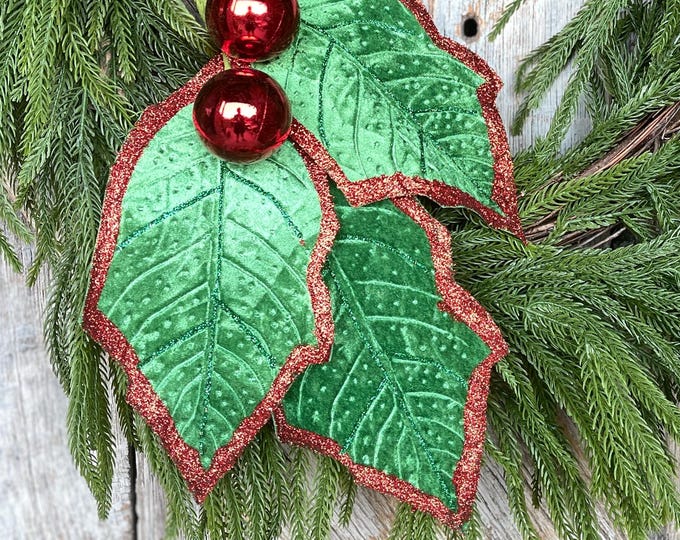 30" Emerald Green Holly Leaf Spray, Christmas Holly Leaf Floral Stem, Green Floral Picks Stems