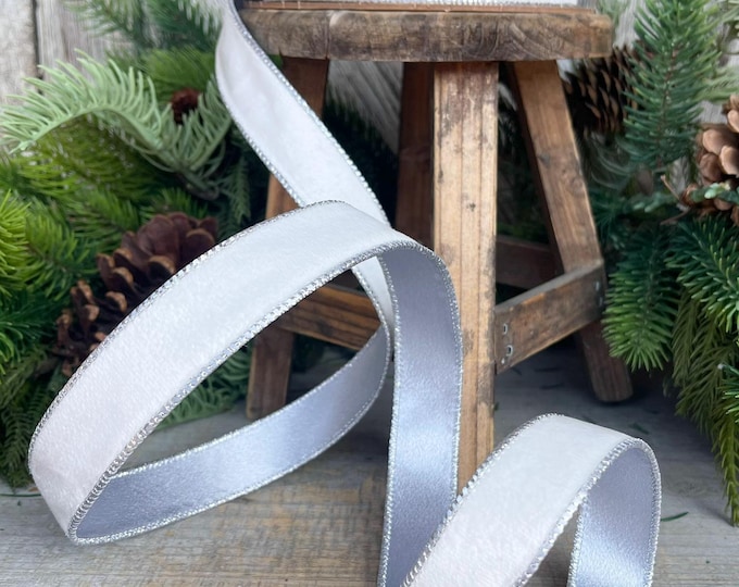 1" White Velvet Ribbon, White Velvet Ribbon, Wired Ribbon, Christmas RIbbon, White Silver Ribbon, Christmas Bows