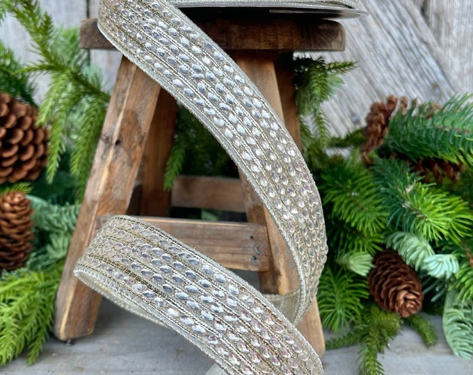 1" Platinum Jeweled RIbbon, Farrisilk Ribbon, Platinum Queen Victoria, Wired Ribbon, Christmas Ribbon, Platinum Gold Ribbon, Designer