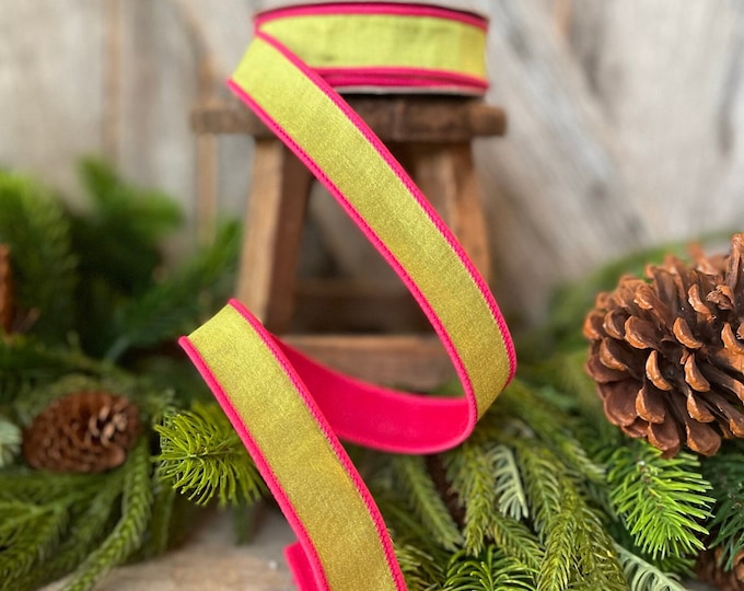 1" Pink and Lime Green Contrast Taffeta, Farrisilk Ribbon, Wired Ribbon, Pink Ribbon, Green Ribbon, Designer Ribbon, 2 tone ribbon