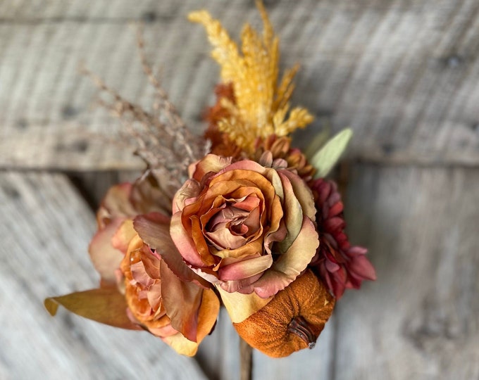 14" Pumpkin Rose Floral Bush, Fall Floral Boquet, Fall Floral Bush, Fall Pumpkin Rose Bush,Artificial Bush, Fall Florals, Fall Wreath Supply