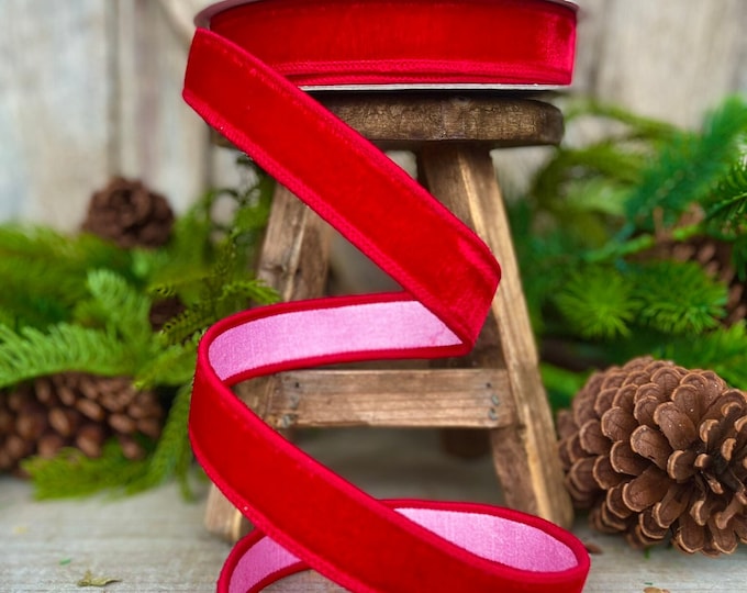 1" Red Pink Velvet, Farrisilk Ribbon, Wired Ribbon, Pink Ribbon, Pink Red Ribbon, Designer Ribbon, Narrow RIbbon, Christmas, RK740-02