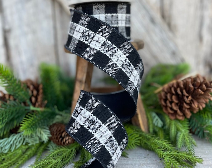 2.5" Black White Preppy Plaid Ribbon, Farrisilk Ribbon, Designer Ribbon, Wired Ribbon, Plaid Ribbon, Christmas Ribbon, Designer Plaid