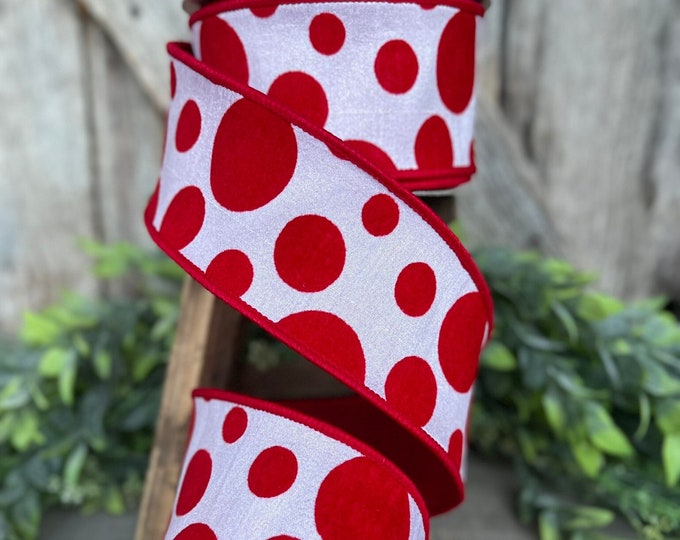 2.5" Red White Retro Dot, Farrisilk Ribbon, Flocked Ribbon, Spring Ribbon,Wired RIbbon,Designer Ribbon, Wreath Supply, Polka Dot,RK587-02