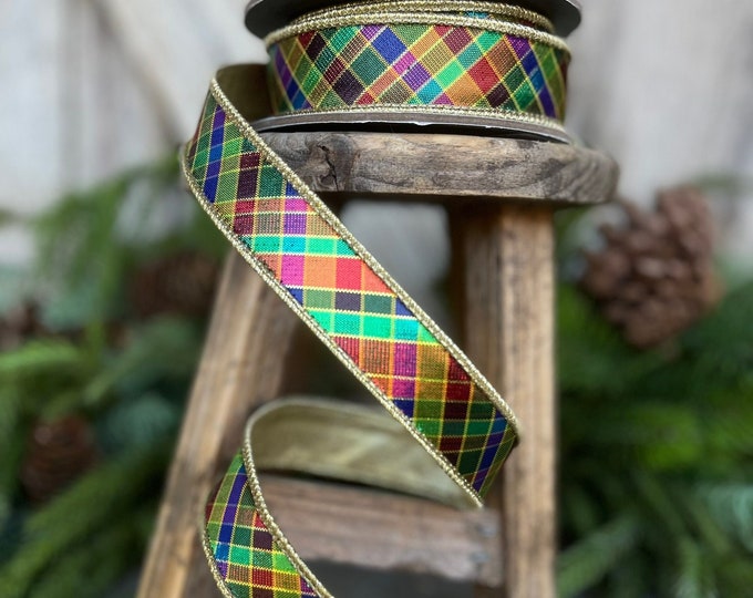 1" Jewel Tone Plaid Metallic Ribbon, Wired RIbbon, CHristmas RIbbon, Narrow Ribbon, Gold Plaid Ribbon, Christmas Decor, 94438W-001-05D