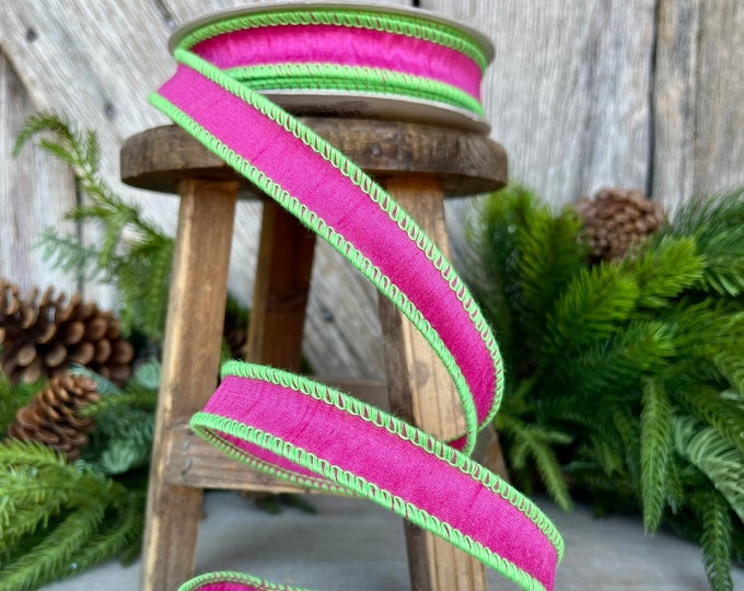 1" Hot Pink Lime Green Cord Ribbon, Hot Pink Ribbon, Narrow Ribbon, Wired RIbbon, Designer Ribbon,Spring RIbbon