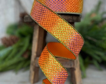 1.5" Orange Lizard Lattice Wired Ribbon, Farrisilk Ribbon, Designer Ribbon, Halloween Ribbon, Wired RIbbon, Wreath supply, RS108-32