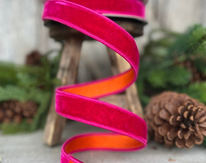 1" Pink Orange Velvet Ribbon, Farrisilk Ribbon, Wired Ribbon, Hot Pink Orange Ribbon, Designer Ribbon, Narrow RIbbon, Christmas, RK740-15
