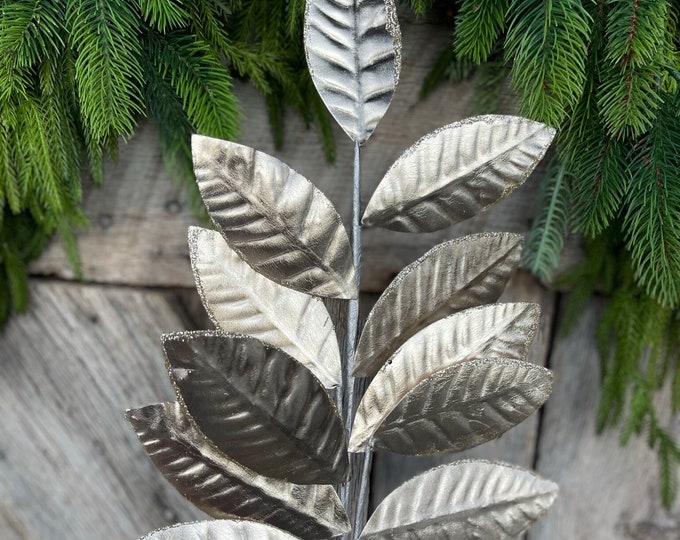 25" Champagne Metallic Leaf Spray, Christmas Leaves Spray, Christmas Floral Stem, Christmas Tree Spray, Picks and Stems, Platinum Leaf Spray
