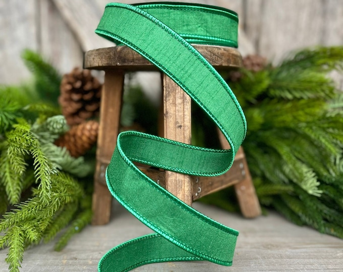 1" Emerald Green Dupion Ribbon, Farrisilk Ribbon, Wired Ribbon, Christmas Ribbon, Emerald Green Ribbon, Spring, Designer Ribbon, RK608-55