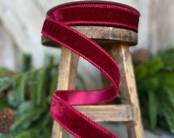 7/8” Burgundy Velvet Ribbon, Velvet ribbon, Wired ribbon, Christmas Ribbon, Wired Ribbon, maroon velvet, Velvet ribbon, Christmas tree