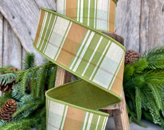2.5" Green Moss and Brown Fall Plaid Ribbon, Woodsey Fall Ribbon, Farrisilk Ribbon, Plaid Ribbon, Moss and Brown Plaid, Wired Ribbon