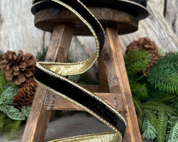 3/4" Black Flashy Velvet, Farrisilk Ribbon, Wired Ribbon, Black Velvet Ribbon, Black and Gold Velvet, Christmas Ribbon, RG074-92