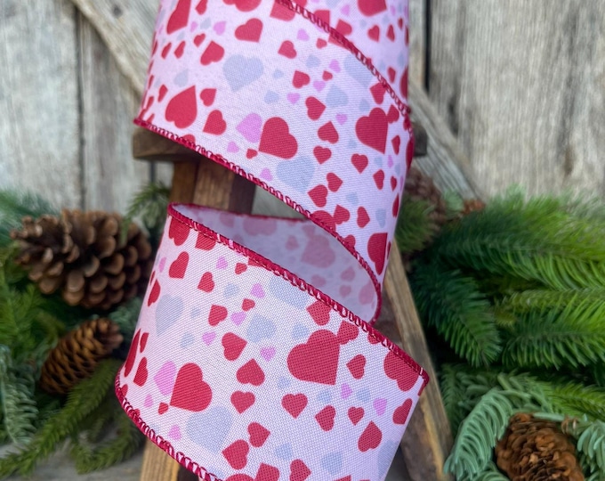 2.5" Heart Valentine Ribbon, Heart Ribbon, Wired RIbbon, Valentine Ribbon, Pink and Red Ribbon, Designer RIbbon, Craft Supply, Wreaths