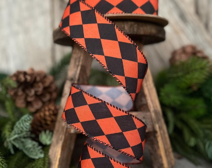 1.5" Orange Black Harlequin Ribbon, Halloween RIbbon, Wired Ribbon, Orange RIbbon, Orange BLack Diamond Ribbon, Halloween Decor