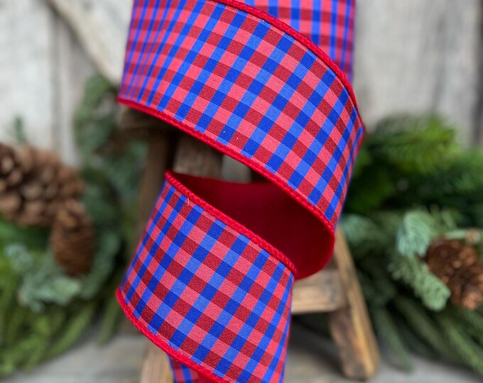 2.5" Red Blue Check Ribbon, Wired RIbbon, Patriotic Ribbon, Red Blue Gingham Ribbon, 4th of July Ribbon, Designer Ribbon
