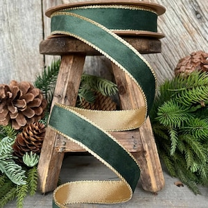1&quot; Green Velvet Ribbon, Green & Gold Velvet Ribbon, Christmas RIbbon, Hunter Green Velvet Ribbon, Designer Ribbon,Gift Wrap Ribbon,Christmas