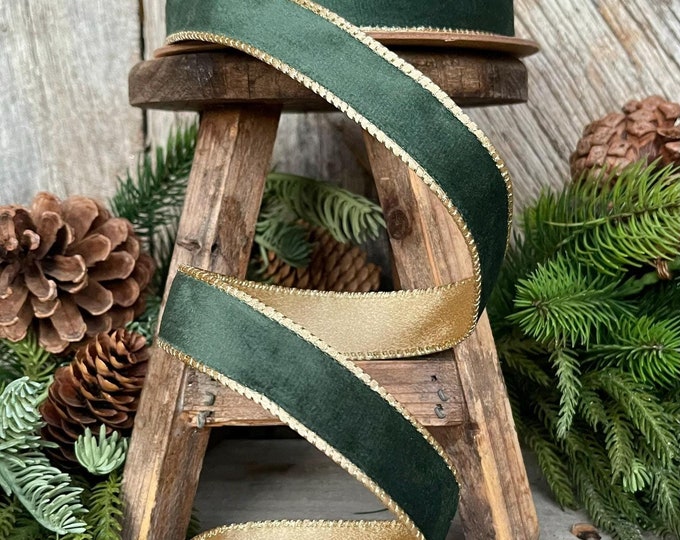 1" Green Velvet Ribbon, Green & Gold Velvet Ribbon, Christmas RIbbon, Hunter Green Velvet Ribbon, Designer Ribbon,Gift Wrap Ribbon,Christmas