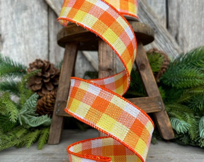 1.5" Candy Corn Plaid Ribbon, Wired RIbbon, Orange White Yellow Ribbon, Halloween Ribbon, Candy Corn Decor, Wreath Supply, Craft Supply