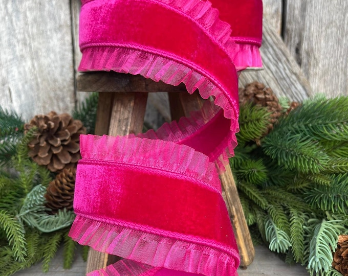 3" Hot Pink Ruffle Ribbon, Farrisilk Ribbon, Pink Christmas RIbbon, Pinkmas Ribbon, Ruffle RIbbon, Pink Christmas Tree RIbbon, Wired Ribbon