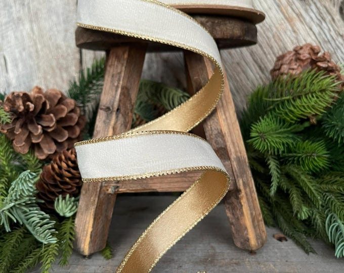 Ivory Velvet Ribbon: 1" Wired Gold Edge Christmas Ribbon, 10 Yards