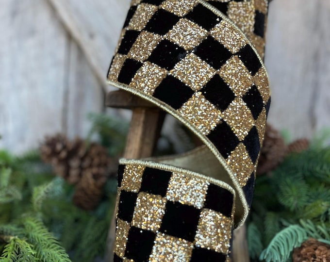 4" Black and Gold Chunky Glitter Checks, Christmas Tree Ribbon, Black and Gold Ribbon, Farrisilk Ribbon, Black Velvet