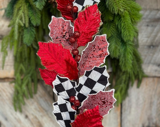 27" Holly Leaf Spray, Black White Check Holly Leaf Spray, Red Holly Leaf Spray, Christmas Tree Picks & Stems, Christmas Holly Leaf Spray