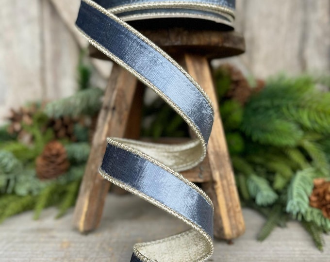 1" Steel Blue Satin Velvet Ribbon, Farrisilk Ribbon, Steel Blue Ribbon, Christmas Ribbon, Christmas Tree Ribbon, Blue RIbbon, RK661-17