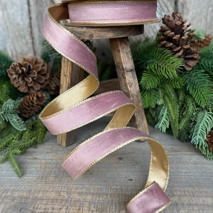 1" Dusty Pink Velvet Ribbon, Pink & Gold Velvet Ribbon, Wired Ribbon, Christmas Ribbon, Pink Christmas RIbbon, Dusty Rose Velvet