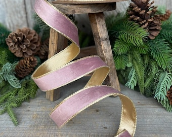1" Dusty Pink Velvet Ribbon, Pink & Gold Velvet Ribbon, Wired Ribbon, Christmas Ribbon, Pink Christmas RIbbon, Dusty Rose Velvet