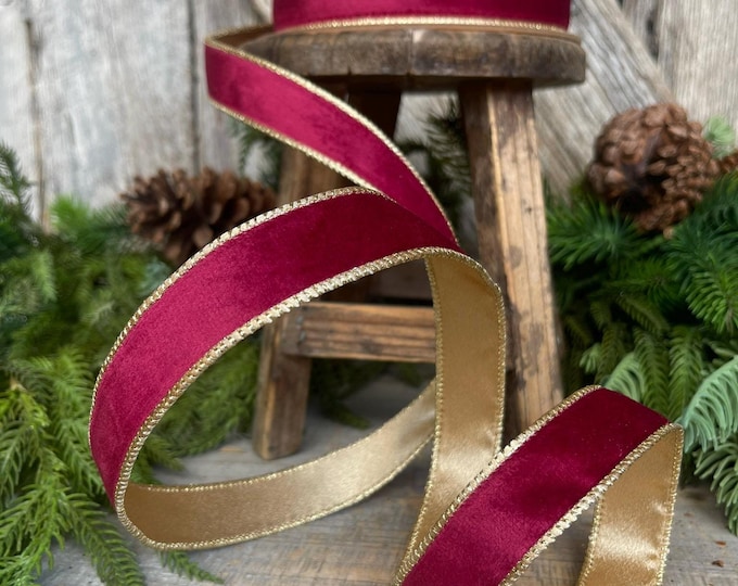1" Burgundy Gold Velvet Ribbon, Burgundy Velvet Ribbon, Christmas RIbbon, Red and Gold Velvet Ribbon, Designer Ribbon, Gift Wrap Ribbon