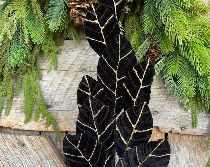 27" Black Velvet Leaf Spray, Black Gold Leaf Spray, Black Floral Spray, Black CHristmas Leaf Spray, Christmas Picks & Stems, XS239098
