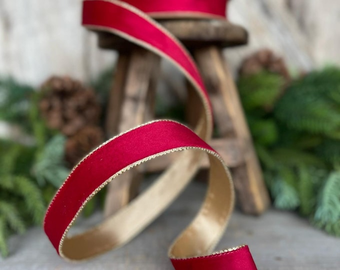 1" Red Gold Velvet Ribbon, Red Velvet Ribbon, Christmas RIbbon, Red and Gold Velvet Ribbon, Designer Ribbon, Gift Wrap Ribbon, Christmas