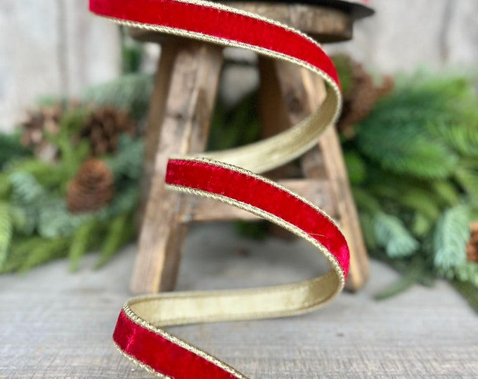 3/4" Red Flashy Velvet, Farrisilk Ribbon, Wired Ribbon, Red Velvet Ribbon, Red and Gold Velvet, Christmas Ribbon, Wreath Supply, Designer