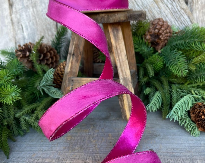 1" Hot Pink Velvet Ribbon, Wired Ribbon, Christmas Ribbon, Pink Christmas Velvet, Christmas Tree Ribbon, Pink Ribbon