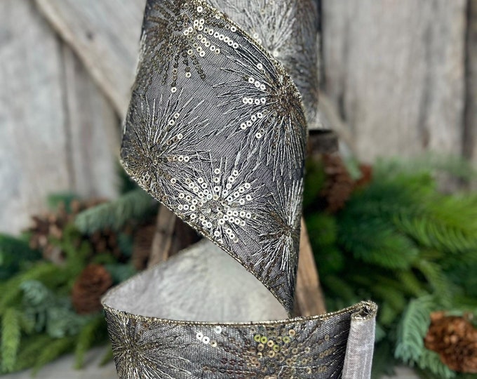 4" Pewter Fireworks Ribbon, Farrisilk Ribbon, Silver Ribbon, Pewter Ribbon, Christmas RIbbon, New Years Ribbon, Christmas Tree, RS126-18