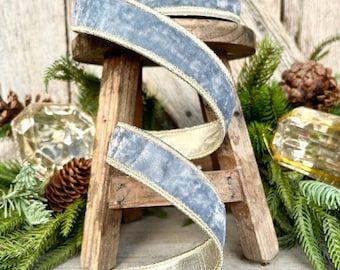 1" French Blue Velvet, Light Blue Velvet Ribbon, Wired Ribbon, Ribbon, Velvet Ribbon, Christmas Ribbon, Blue and Champagne Gold Ribbon