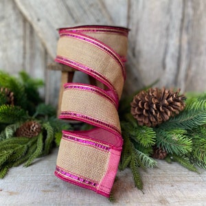 2.5 Hot Pink Fuchsia Sequin Borders Ribbon, Farrisilk Ribbon, Wired Ribbon, Hot Pink Ribbon, Burlap Ribbon, Pink Burlap Ribbon image 1