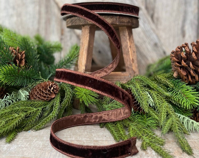 Chocolate Brown Velvet Ribbon, Farrisilk ribbon, .75" velvet ribbon, designer ribbon, fall wired ribbon, wreath supply, Christmas ribbon