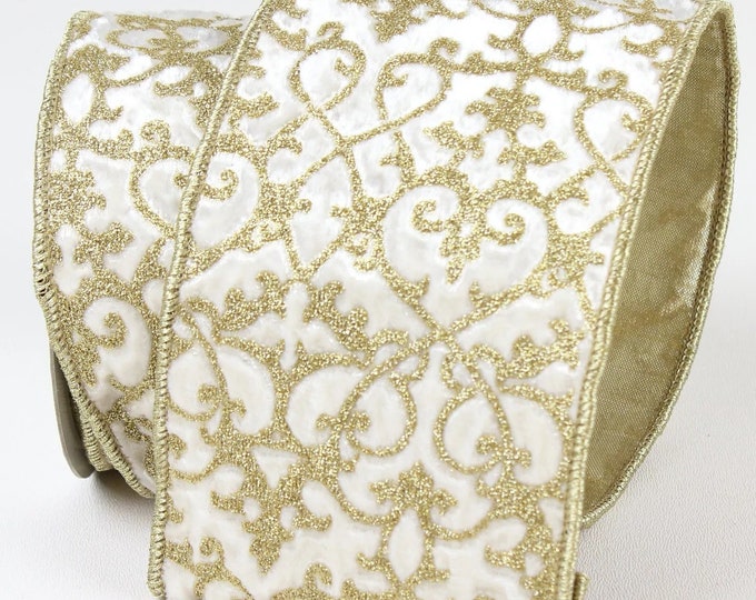 4" Farrisilk Ivory MINI ACANTHUS Wired Ribbon, Ivory Gold Christmas Ribbon, Ribbon for Christmas Tree, Wired Ribbon, 10 Yards, Velvet