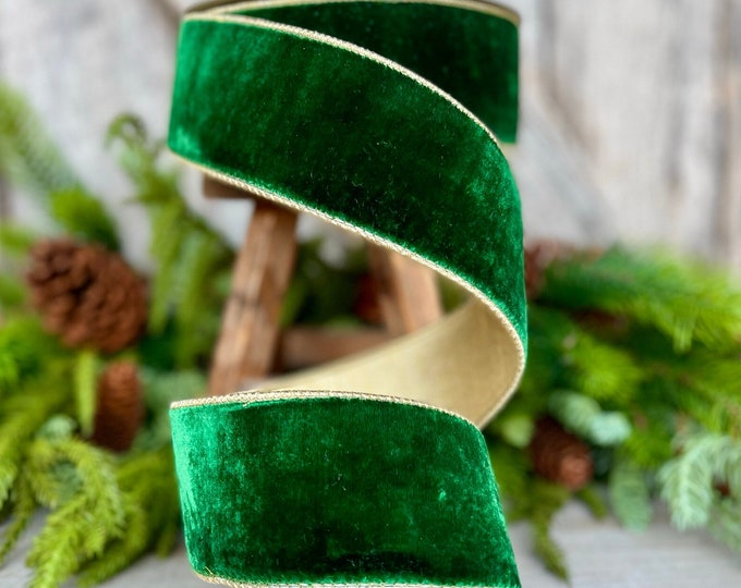 2.5" Emerald Green Flashy Velvet, Farrisilk Ribbon, Wired Ribbon, Green Velvet Ribbon, Green and Gold Velvet, Christmas Ribbon,Wreath Supply